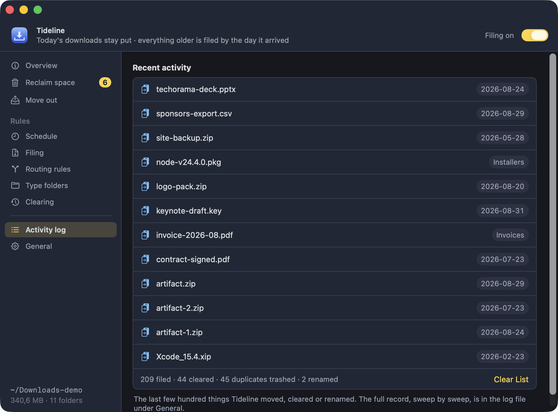 The Activity pane: the last few hundred things Tideline moved, cleared or renamed, newest first