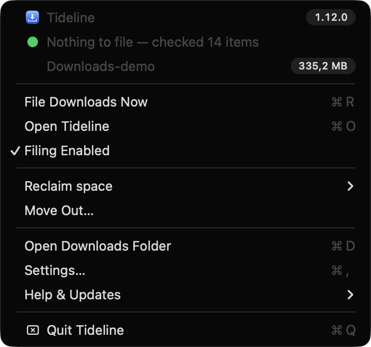 The menu bar menu: what the last run did, what the folder holds, Open Tideline, the three reviews and Move Out