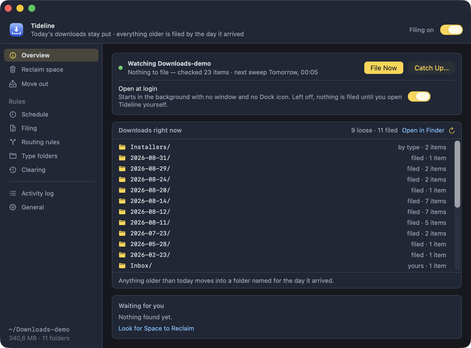 The Tideline window: the sidebar, the status card, and the Downloads folder as it stands