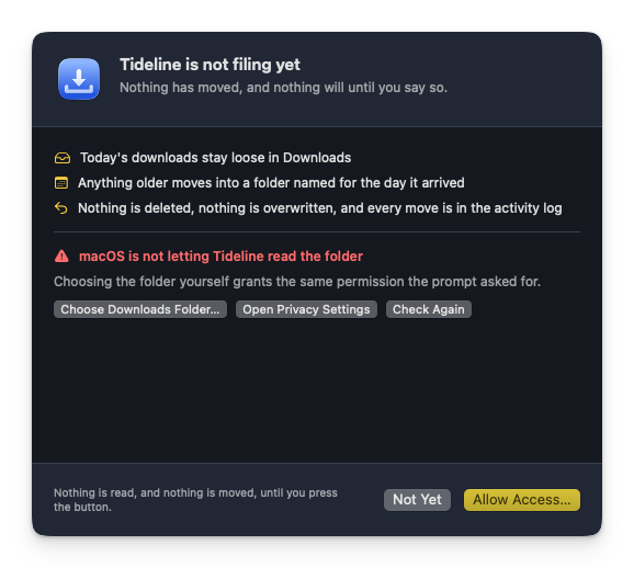 macOS asking whether Tideline may access files in your Downloads folder