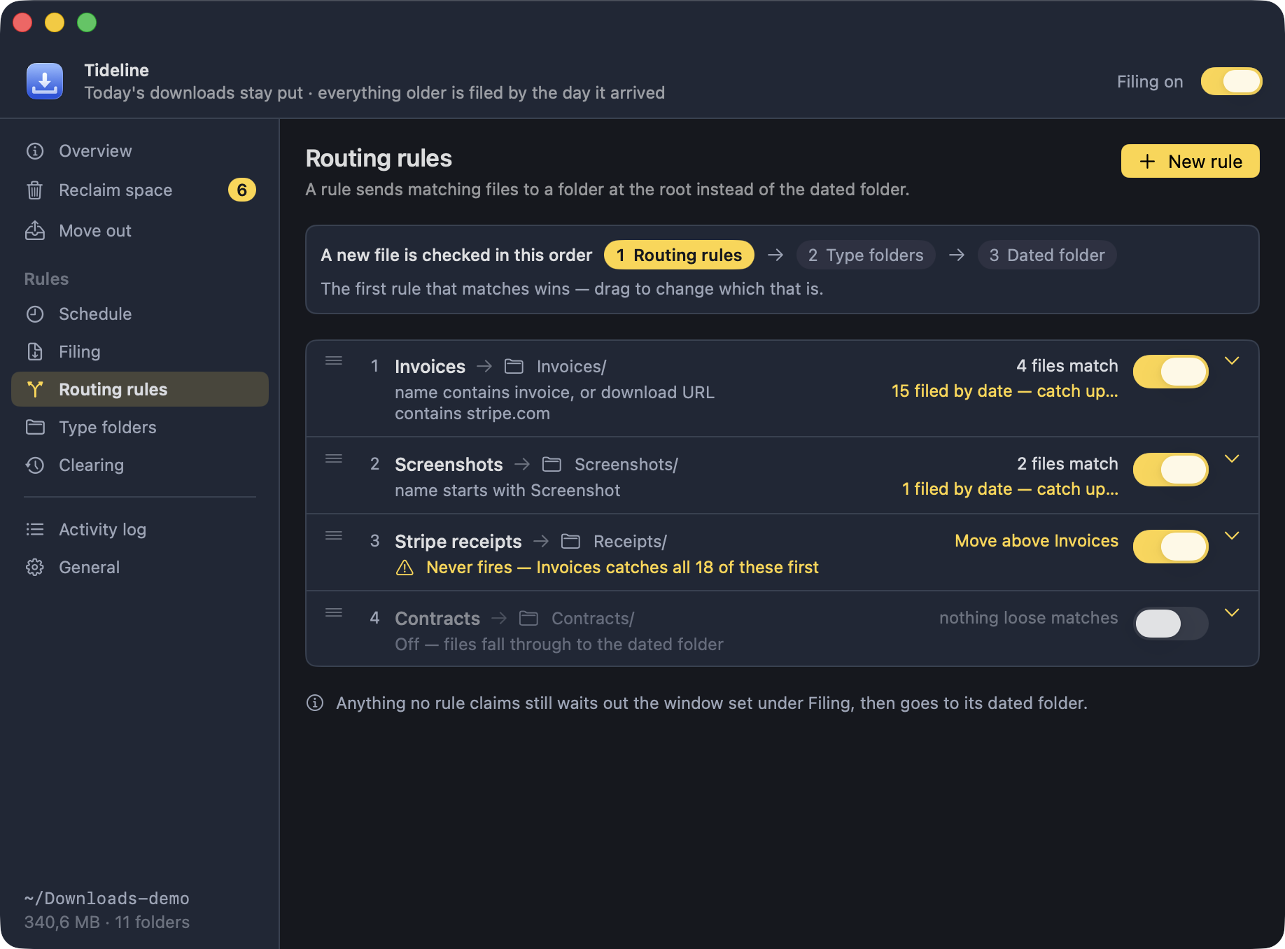 The Routing rules pane: four numbered rules, each with what it catches, the folder it sends to and how many files match right now — and a warning on the third that it never fires because the first claims all eighteen of them