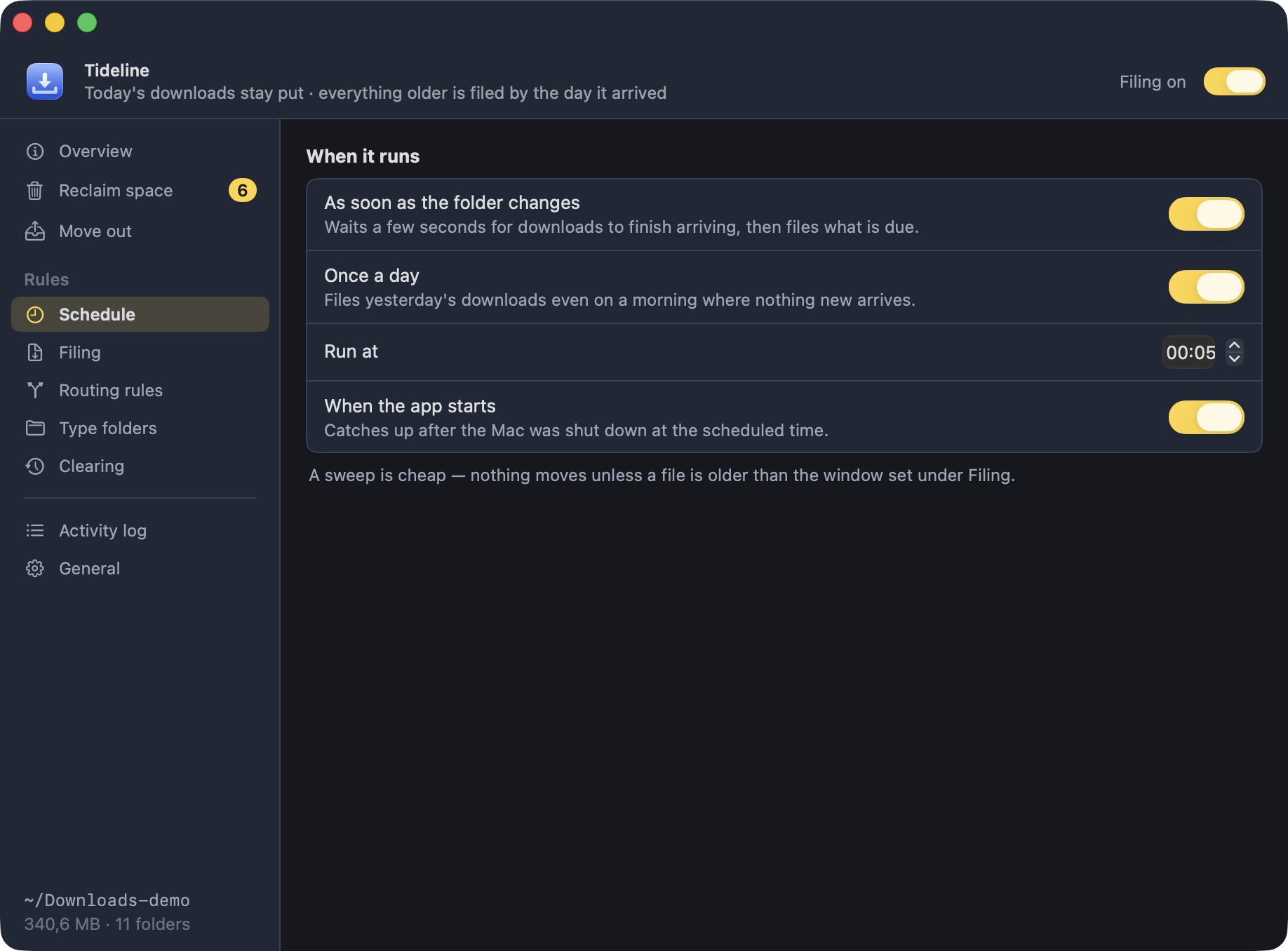 The Schedule pane: watch the folder, run once a day at a time you pick, and catch up when the app starts