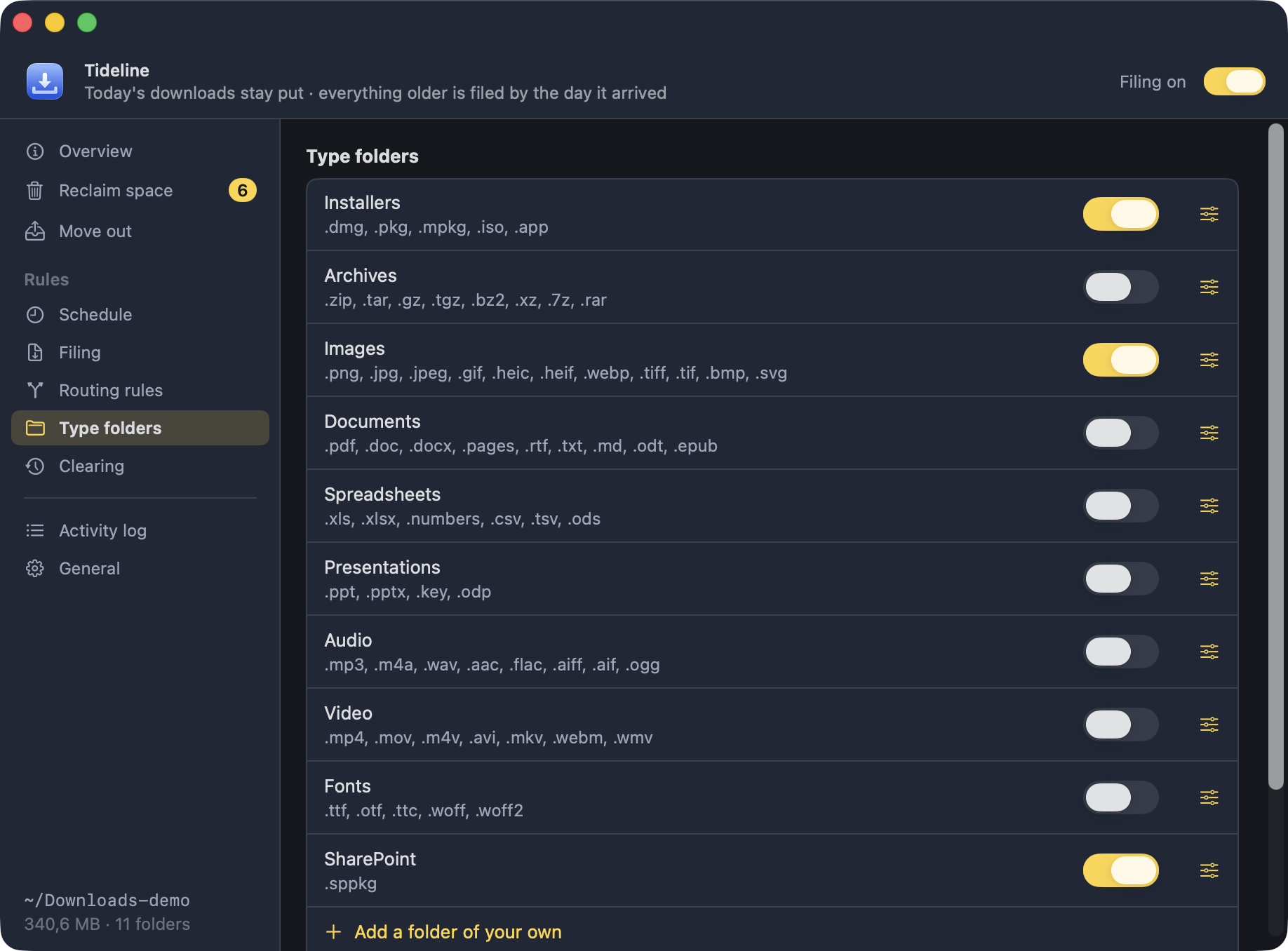 The Type folders pane: each folder with its extensions and a switch, three of them switched on and the rest waiting
